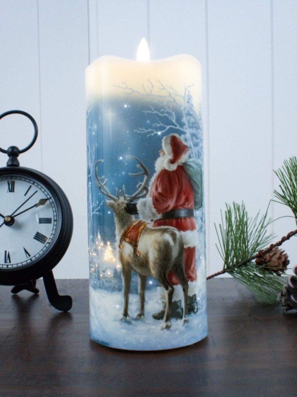 Starry Night Santa Fiber Optic Candle with timer